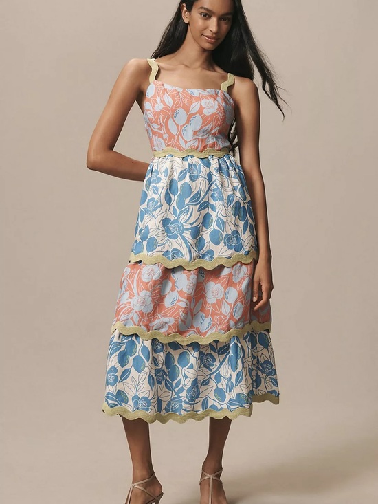 FARM Rio Dresses & Skirts - FARM Rio Coral, Blue & Cream Tiered Floral Maxi Dress